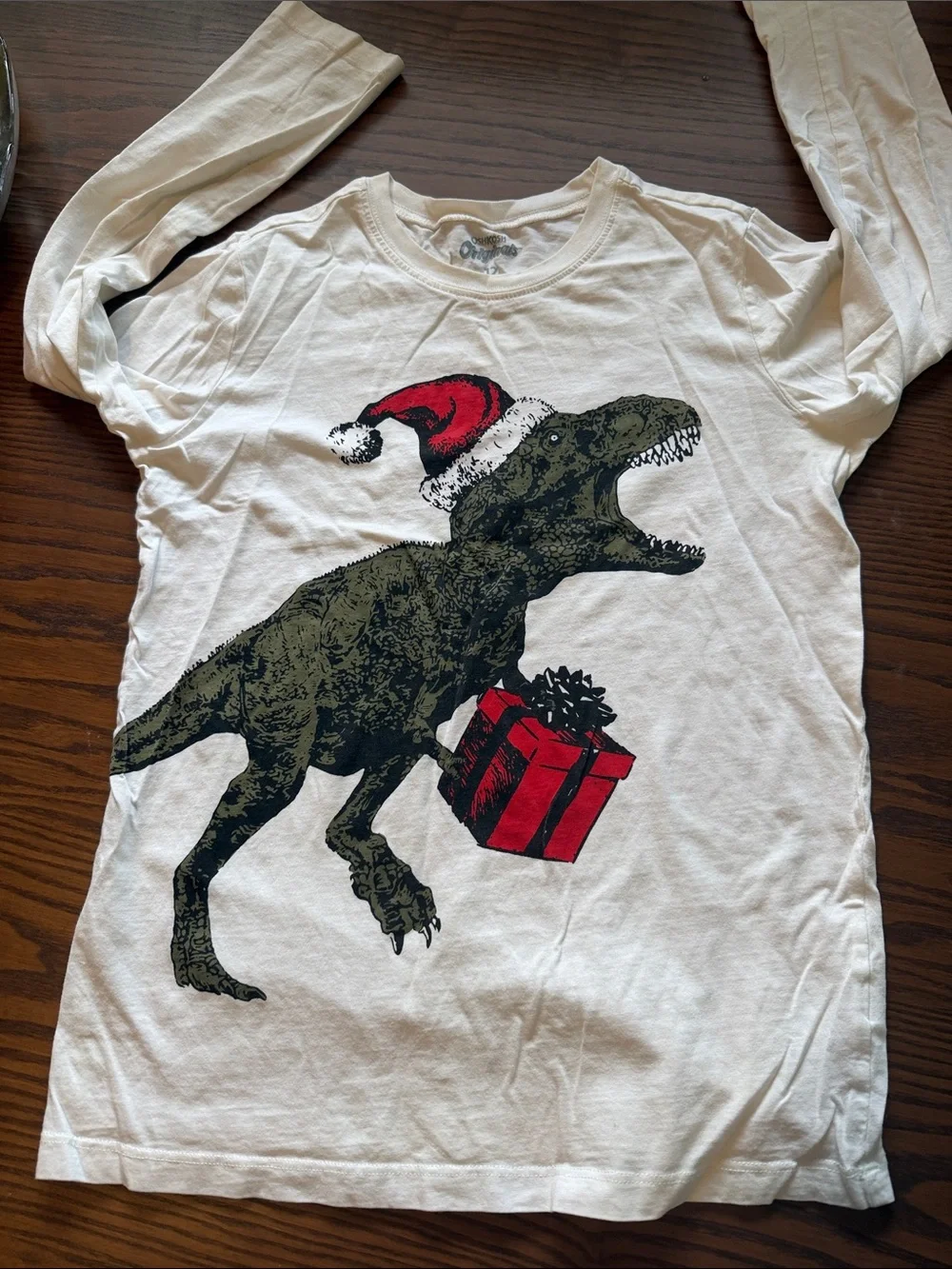 OshKosh B'gosh White Long-Sleeve Dino Tee with Red Santa Hat and Present